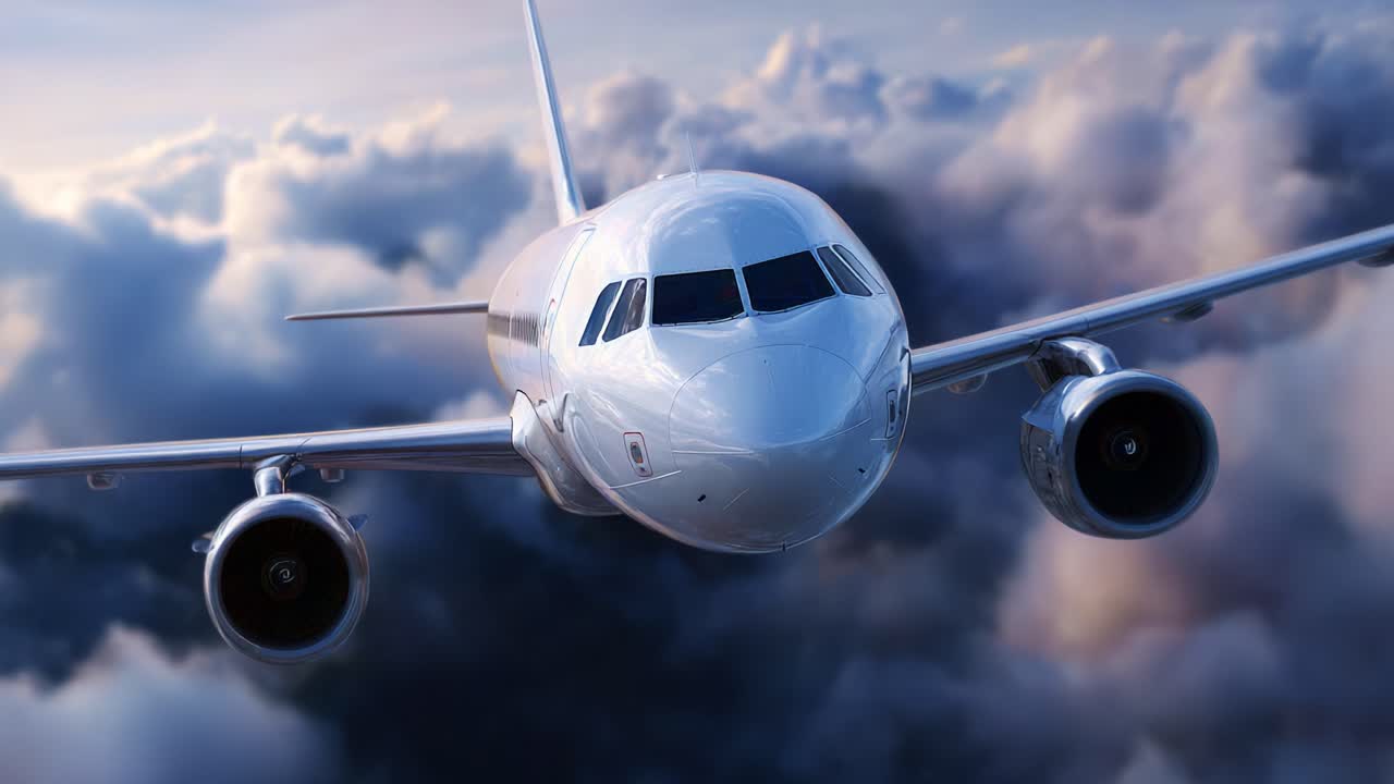 Eine atemberaubende Nahaufnahme eines eleganten, modernen Flugzeugs, das durch flauschige Wolken in einem atemberaubenden Himmel schwebt und die Schönheit der Luftfahrt und Flugmechanik zur Schau stellt
