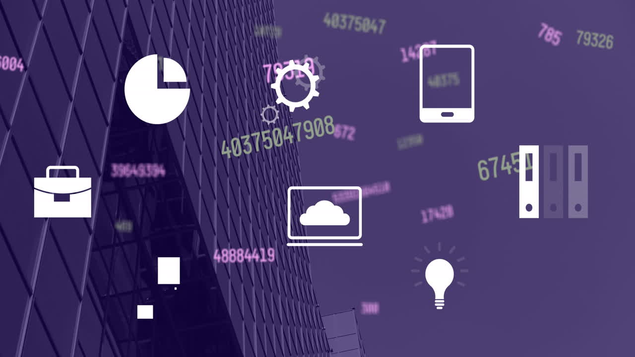 animación de números cambiantes e iconos digitales contra vista de ángulo bajo de un edificio alto