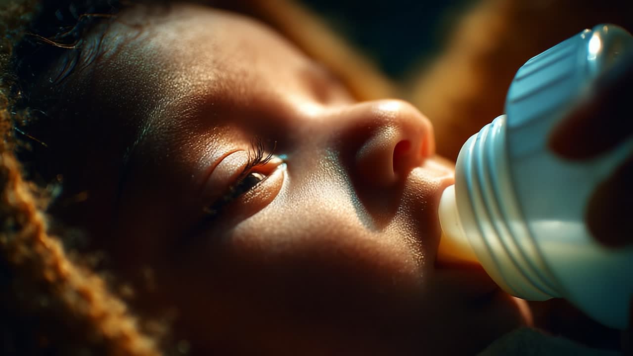 A Close-Up Look at a Baby Gently Sipping from a Bottle, Capturing the Intimate Moment of Nourishment and Care under Soft Lighting