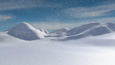 Animation-of-snow-falling-over-winter-landscape-with-mountains-background