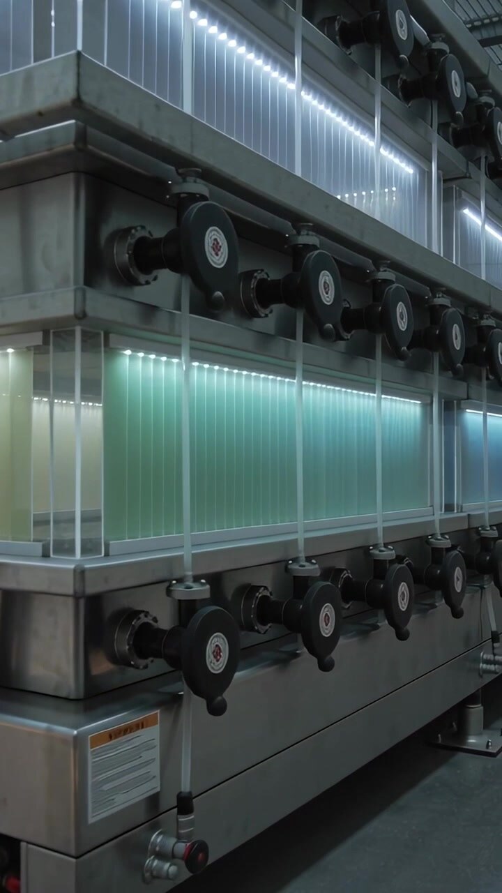 Vertical video: Panning camera revealing tiered steel unit in factory, showing fluids, valves