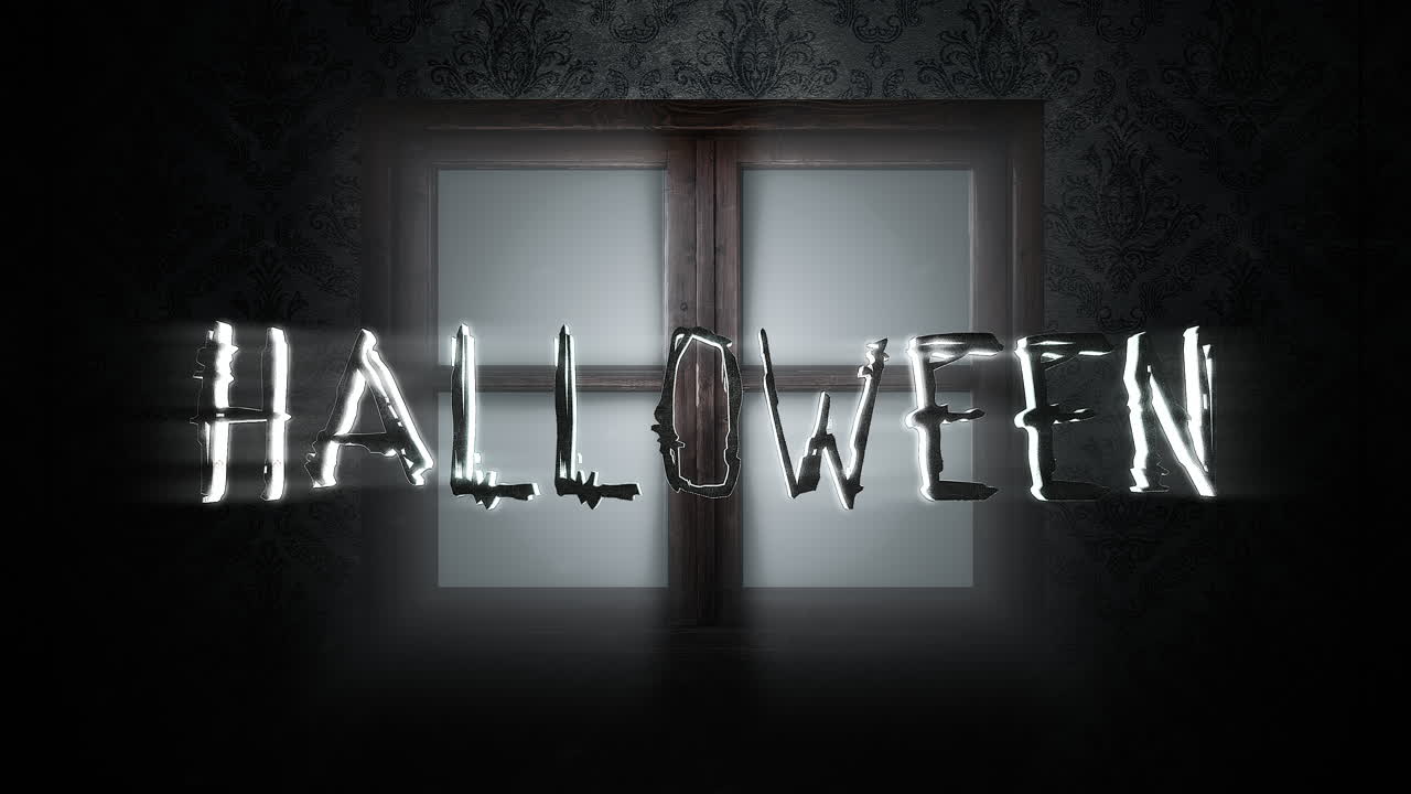 halloween con ventana en el oscuro salón del castillo