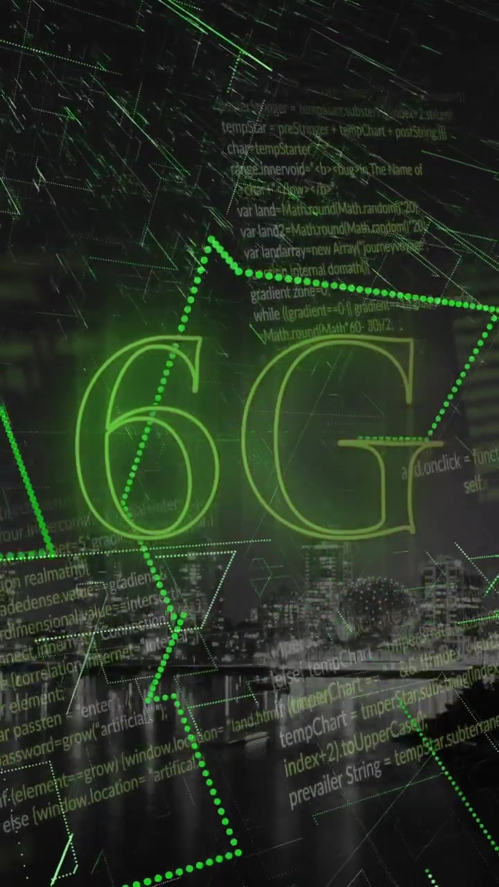 Animazione di testo 6G, paesaggio urbano e elaborazione dati