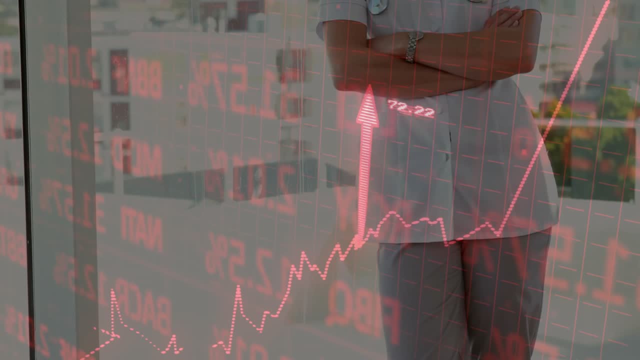 nurse standing behind pulsing red financial chart observing arrow rising while celebrating growth