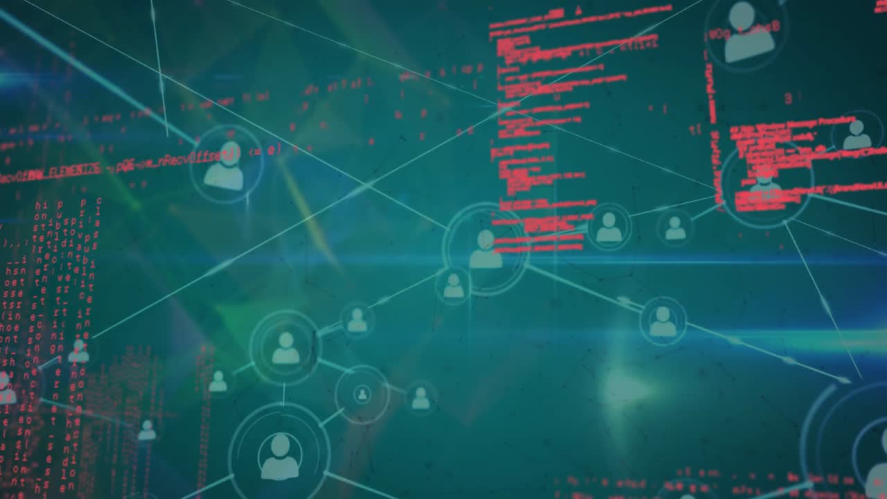 Animation of network of profile icons, data processing and light spot against green background