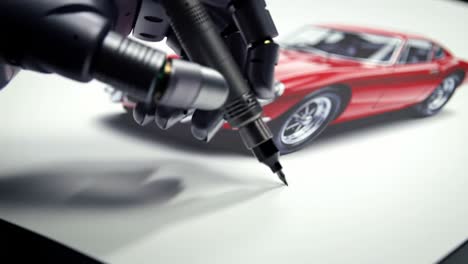 a robotic arm artistically illustrating a classic red sports car in a detailed drawing session, showcasing precision and creativity in every stroke