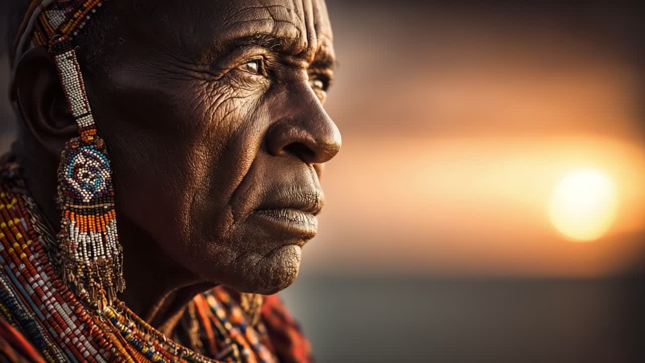 Un ritratto contemplativo di un anziano, che mostra ornamenti tradizionali e le ricche trame dell'età, sullo sfondo di un bellissimo tramonto che accentua saggezza e cultura