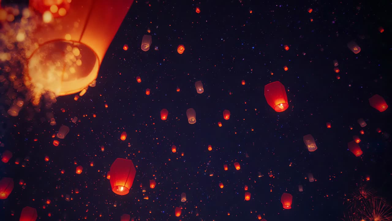 Flames inside red white paper lanterns lifting them drifting upward at park during festival