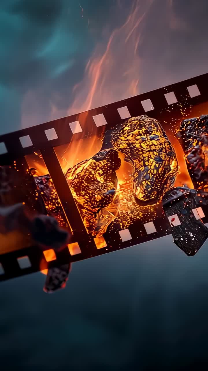 Vertical video: Starting rotation, film strip revealing molten chunks and rising flames in studio