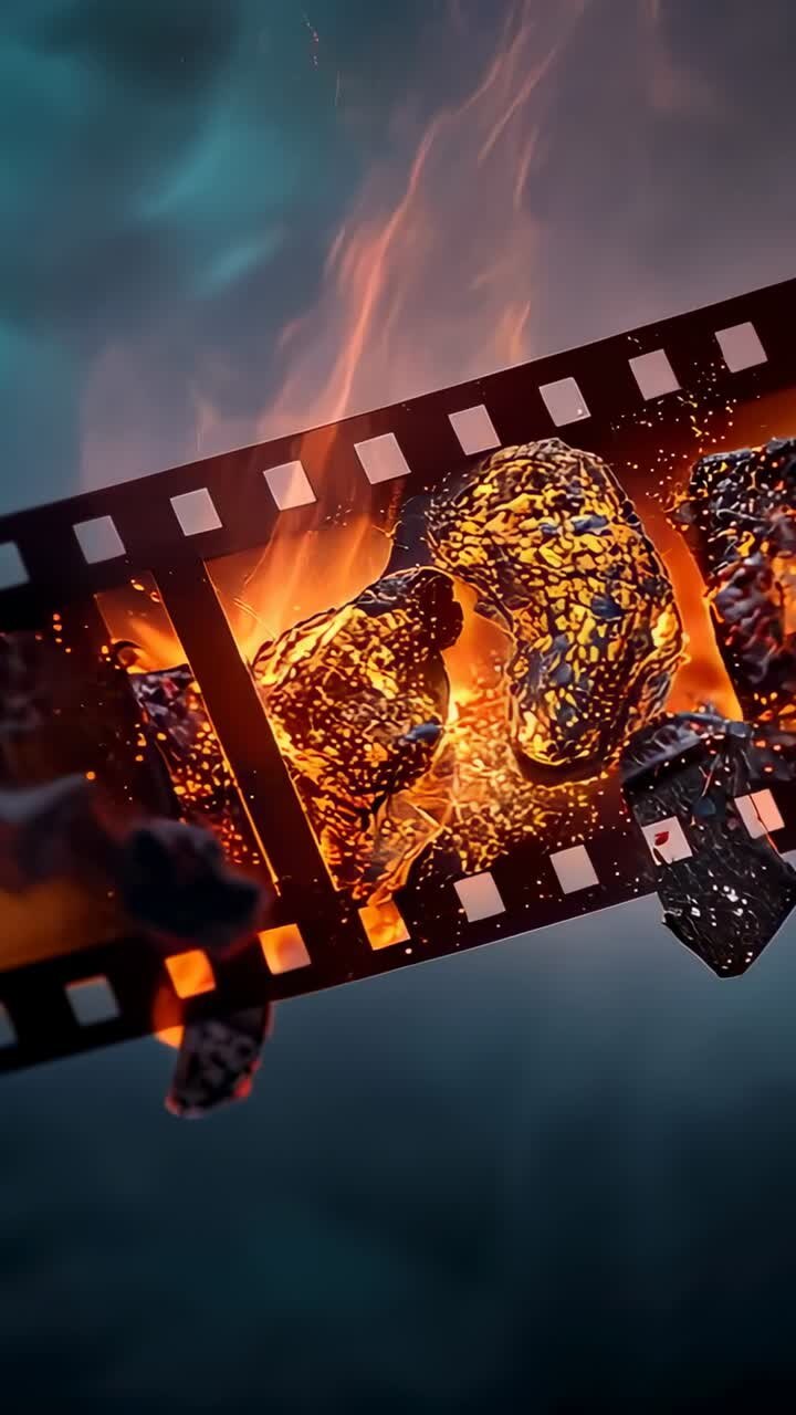 Video verticale: rotazione iniziale, pellicola che rivela pezzi fusi e fiamme che si alzano in studio