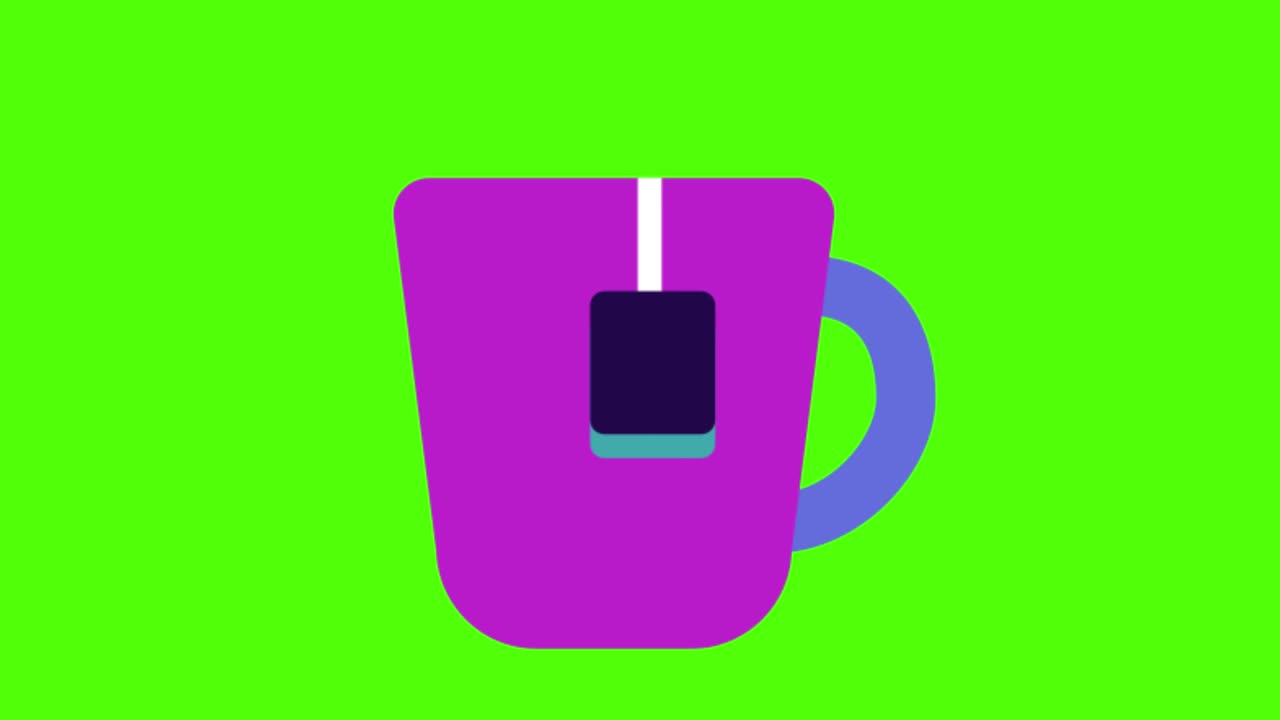 초록색 스크린 배경에 보라색 차 컵