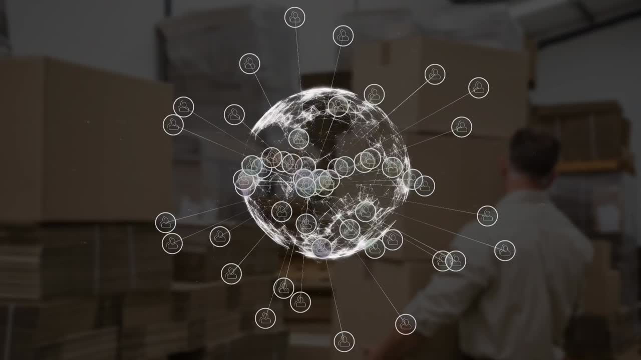 анимация сети соединений с цифровыми иконами, глобусом и картонными коробками