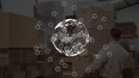 Animation-of-network-of-connections-with-digital-icons,-globe-and-cardboard-boxes