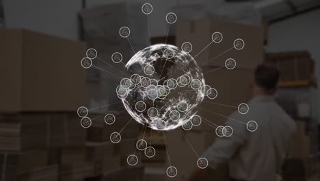 animación de la red de conexiones con iconos digitales, globos y cajas de cartón
