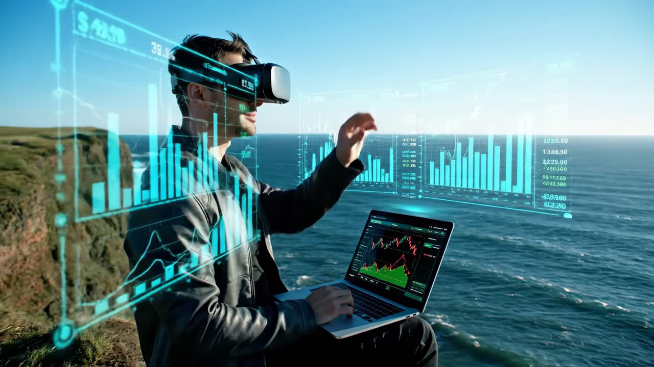 Man Trading Crypto in VR on the Coast