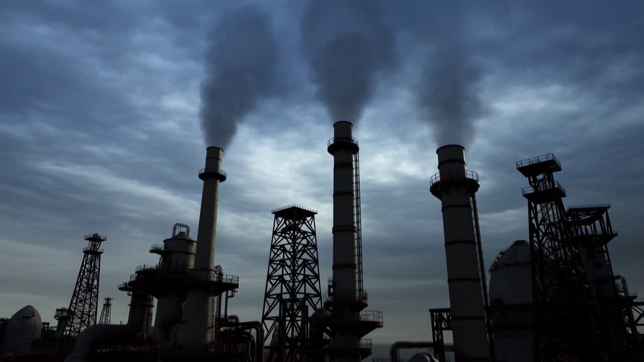 Dark Industrial Plant with Smoking Chimneys Under a Cloudy Sky