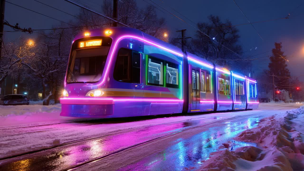 A Vibrantly Illuminated Light Rail Train Gliding Through a Snowy Winter Landscape at Night, Bathed in Colorful Neon Lights, Capturing the Essence of Nighttime Urban Travel and Seasonal Beauty