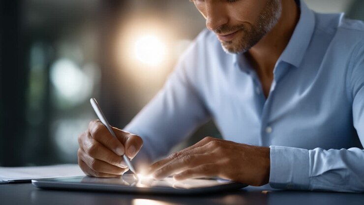 A focused professional engaged in digital creation using a stylus on a tablet, showcasing dedication and modern technology in a well-lit workspace, demonstrating artistry and innovation