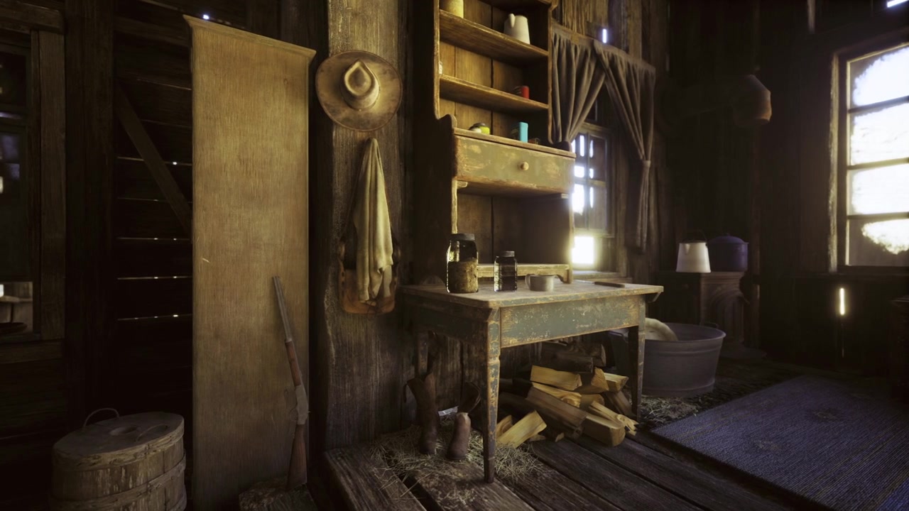 Officina namibiana baciata dal sole con attrezzi artigianali e superfici rustiche