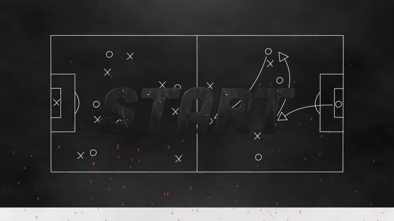 animación del texto de inicio sobre el dibujo del plan de juego en fondo negro