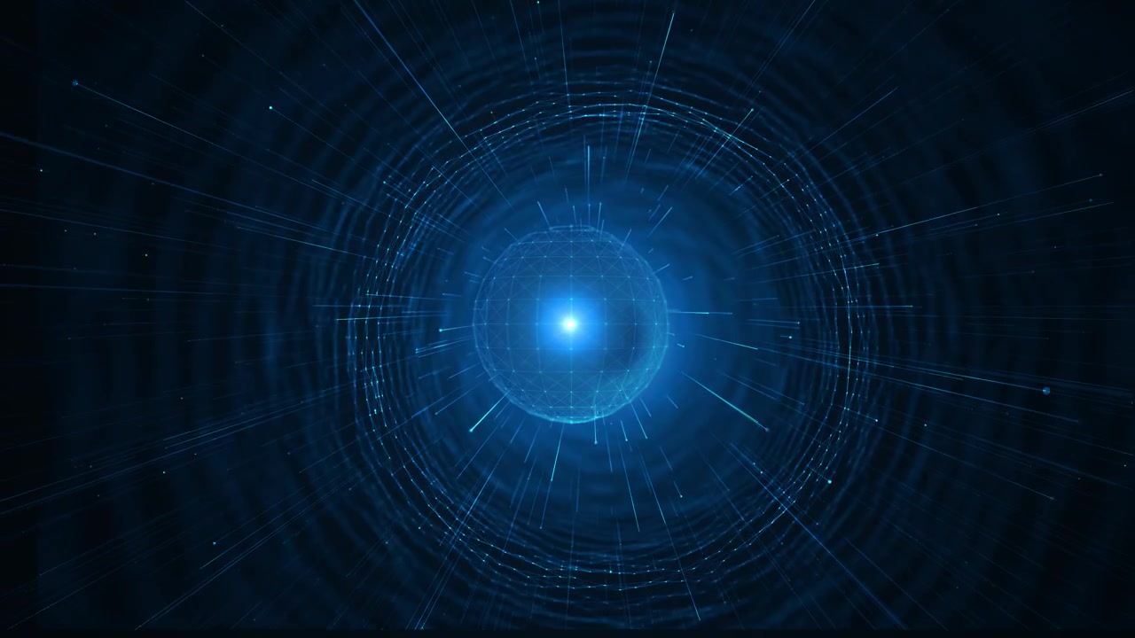 Linee radiali luminose che fluiscono verso una sfera di rete blu, tunnel circolare, scena di tecnologia immersiva