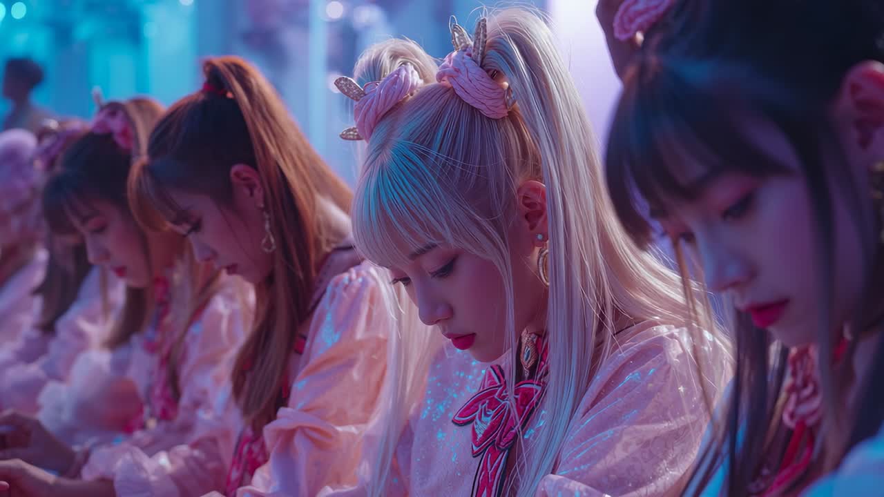 Tracking camera capturing pink-satin participants focusing on keyboards in neon-lit room, competing