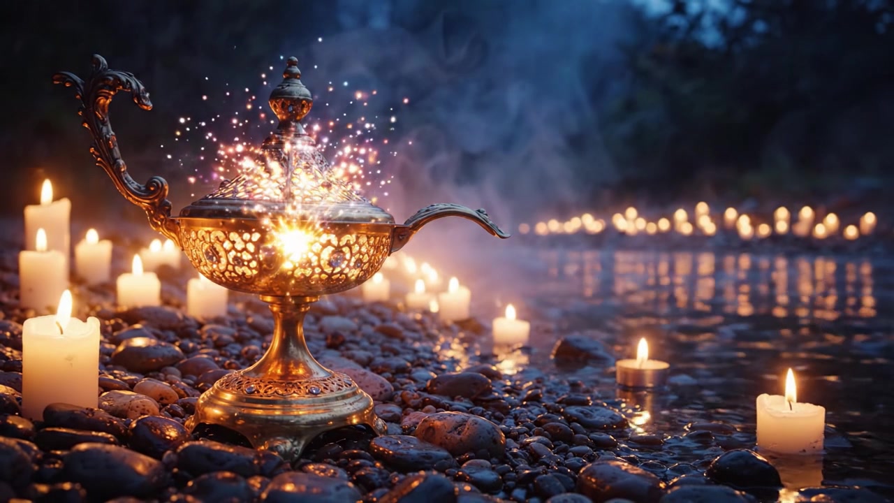 A Mystical Aladdin's Lamp Surrounded by Flickering Candles on a Serene Riverbank, Casting a Dreamlike Atmosphere Filled with Enchantment and Light