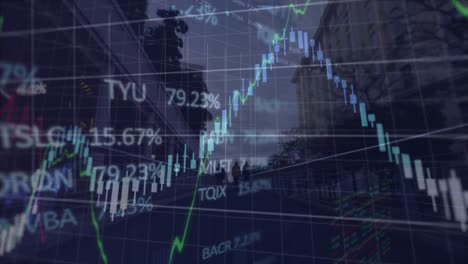 animación del procesamiento de datos del mercado de valores contra el lapso de tiempo de las personas que caminan por el puente de la ciudad
