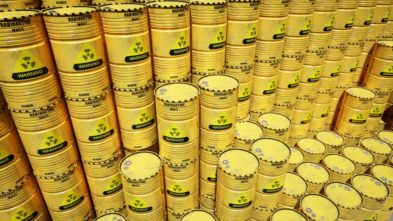 Dump Of Yellow And Black Barrels With Nuclear Radioactive Waste. Danger Of Radiation Contamination Of Industrial Containers. 3D Animation