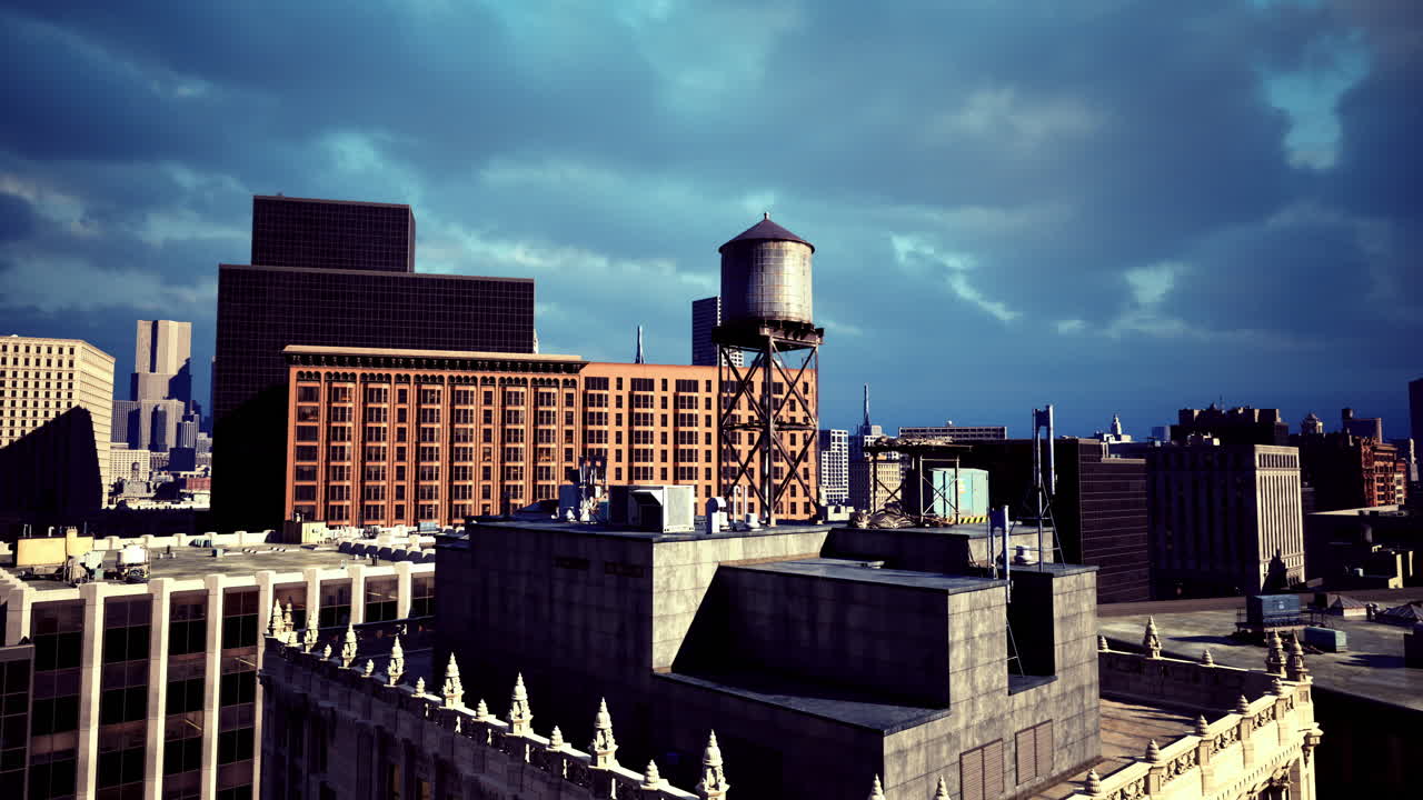 Rooftop view of urban skyline under dramatic clouds in late afternoon