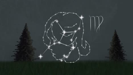 Animation-of-virgo-star-sign-with-glowing-stars-over-grass-and-fir-trees