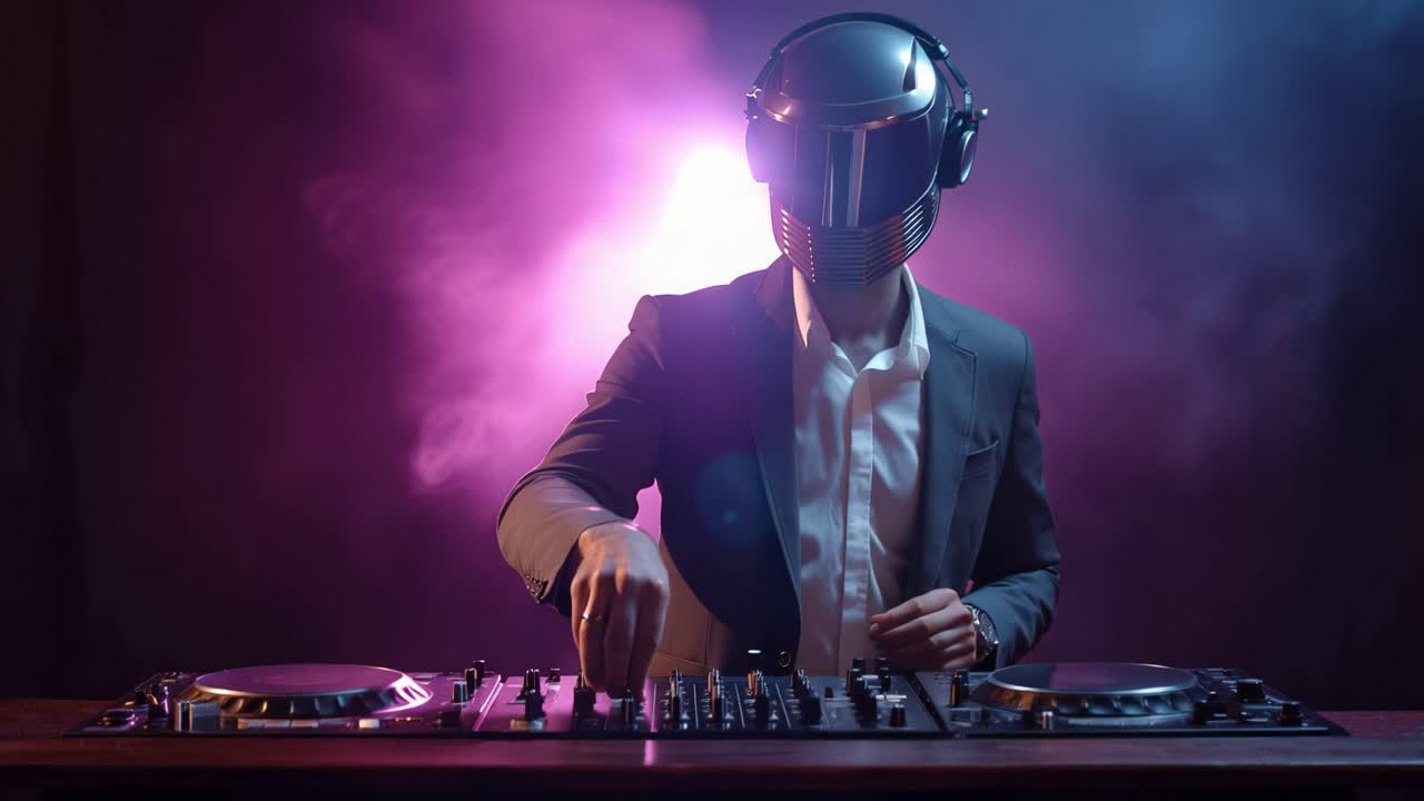 DJ controlla la musica con intensa concentrazione. Le mani si muovono ritmicamente sulla consolle. La figura mascherata irradia un'energia fredda e misteriosa. Luci viola vorticano dietro in un'atmosfera fumosa.