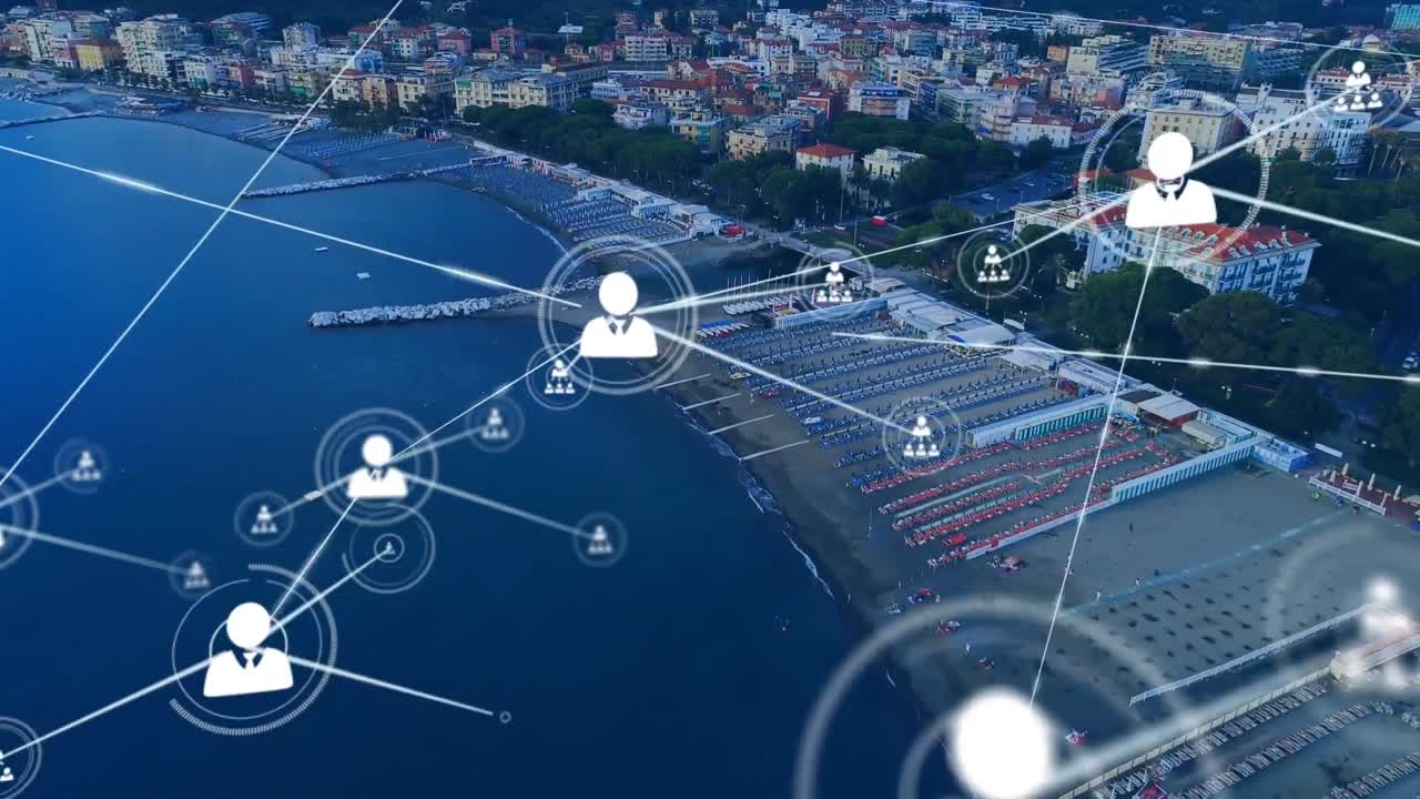 Animation of networks of connections over cityscape