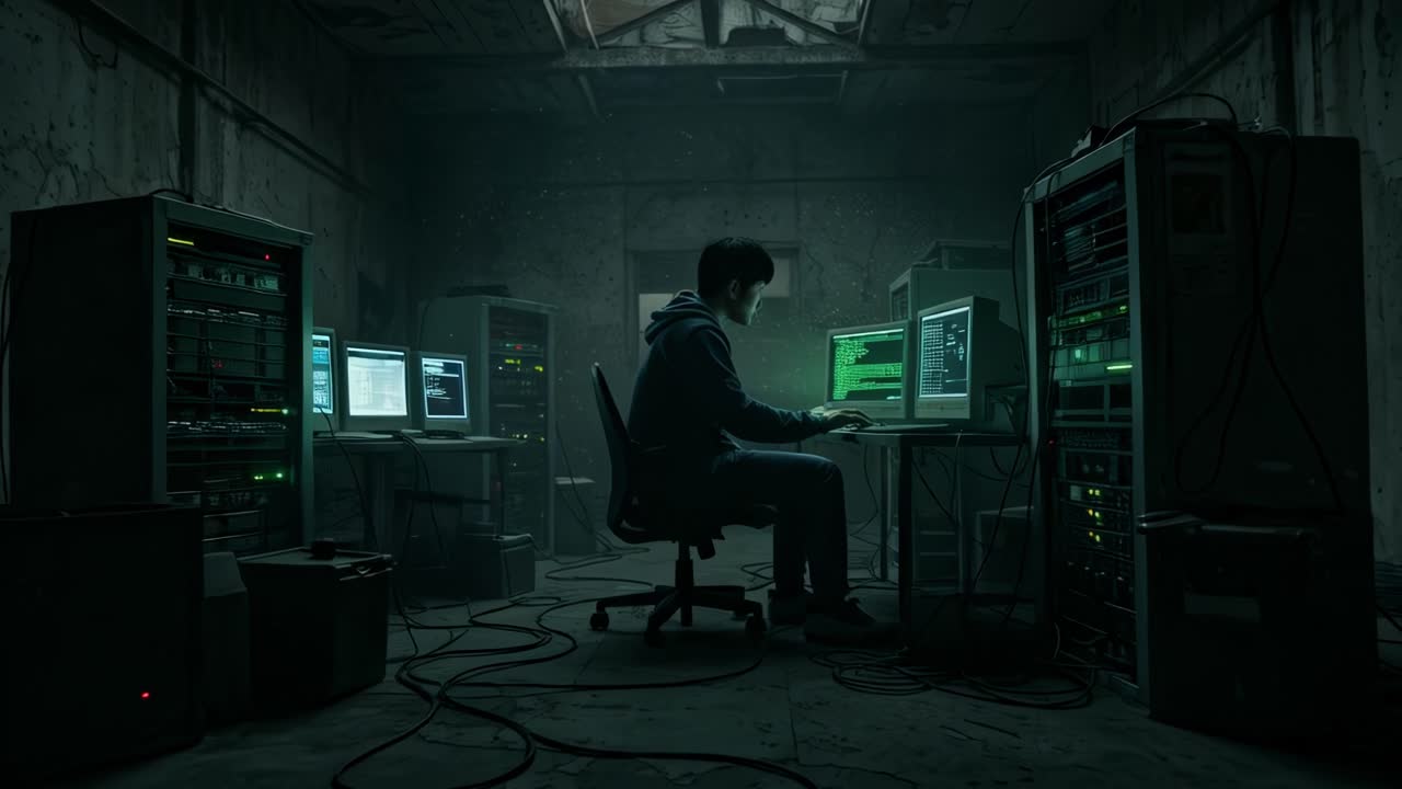 A highly skilled computer expert immerses himself in a rigorous coding session, surrounded by the eerie atmosphere of a dimly lit, abandoned warehouse