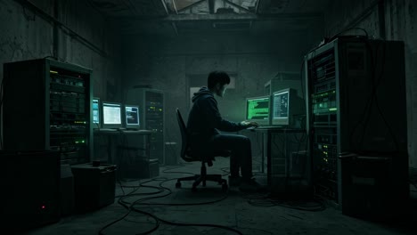 a highly skilled computer expert immerses himself in a rigorous coding session, surrounded by the eerie atmosphere of a dimly lit, abandoned warehouse