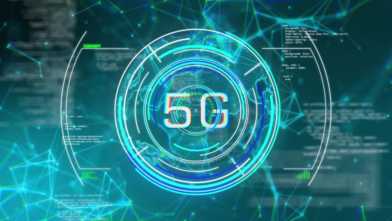 animación del alcance más de 5g texto en escáner redondo, red de conexiones y procesamiento de datos