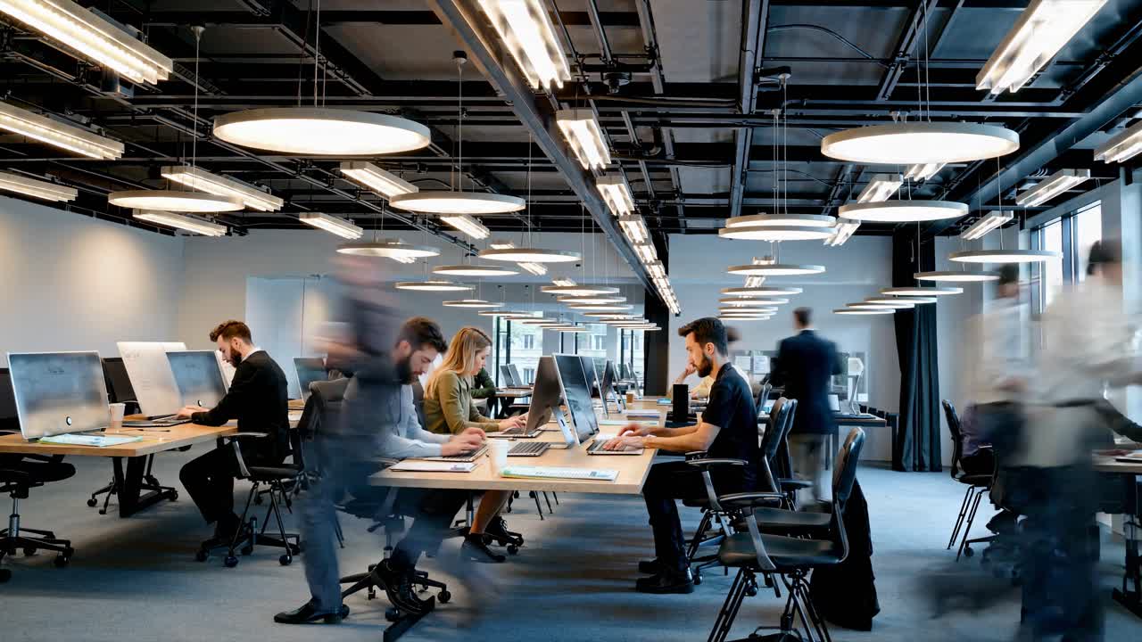 Wide-angle shot of a modern open-plan office with people working at desks, capturing a dynamic