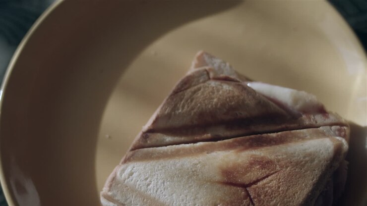 Hand lifts sandwich from plate to eat bite, high angle