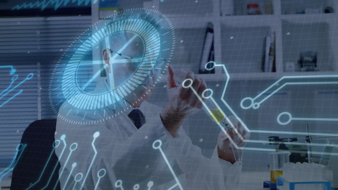 In laboratory, scientist working with digital circuit overlay animation on screen