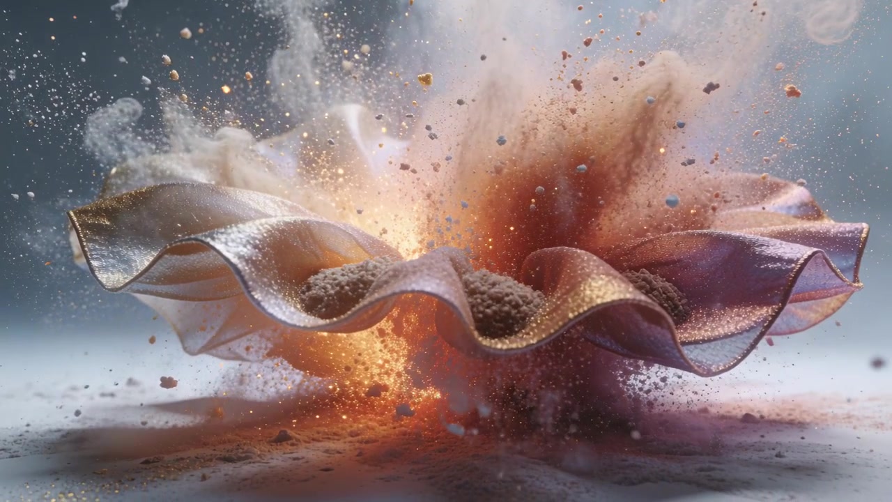 Bursting ruffle ejecting colored powder, sparks and debris in studio, triggered by luminous core