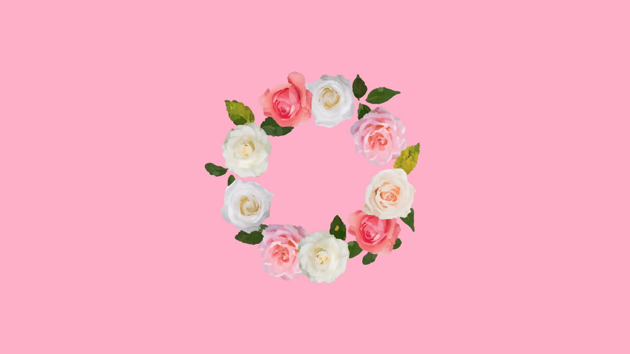 분홍색 배경에 복사 공간과 함께 최면 운동으로 회전하는 꽃의 애니메이션