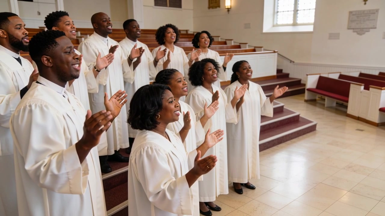 Reacting to opening note, choir clapping and raising hands in church on risers, wearing white robes