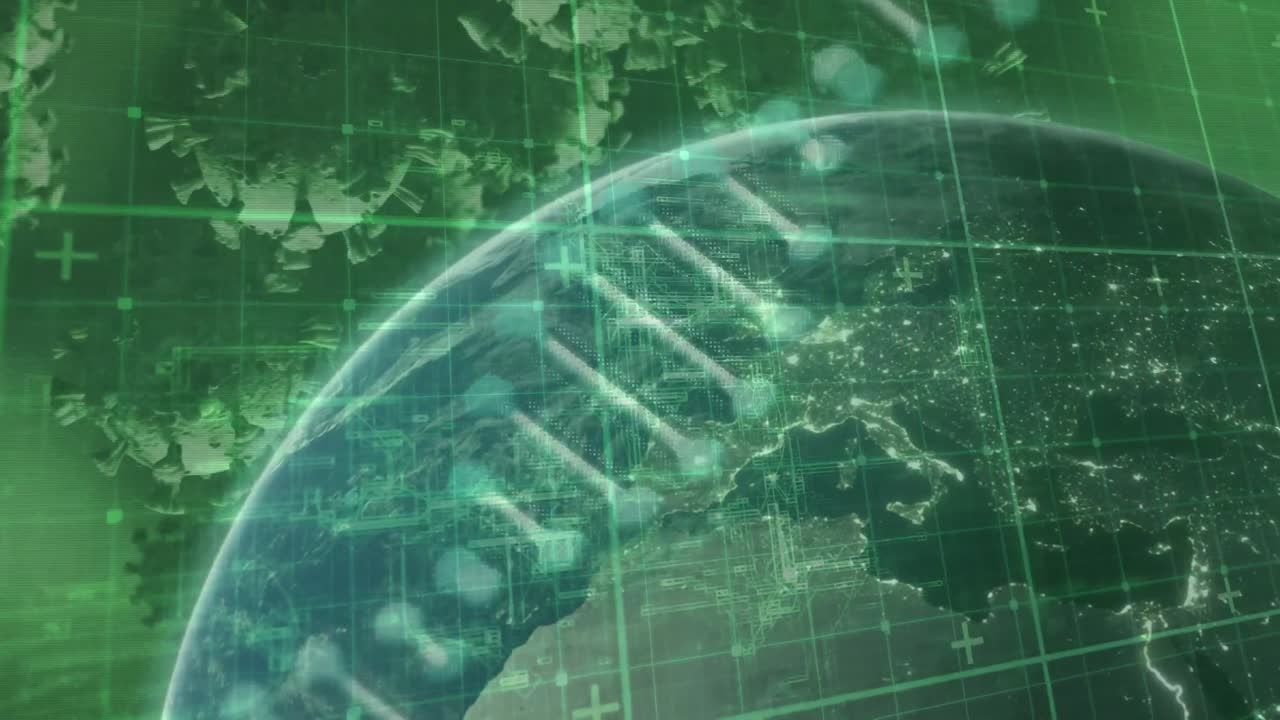 녹색 배경에 있는 지구와 바이러스 세포 위의 dna 가닥의 애니메이션