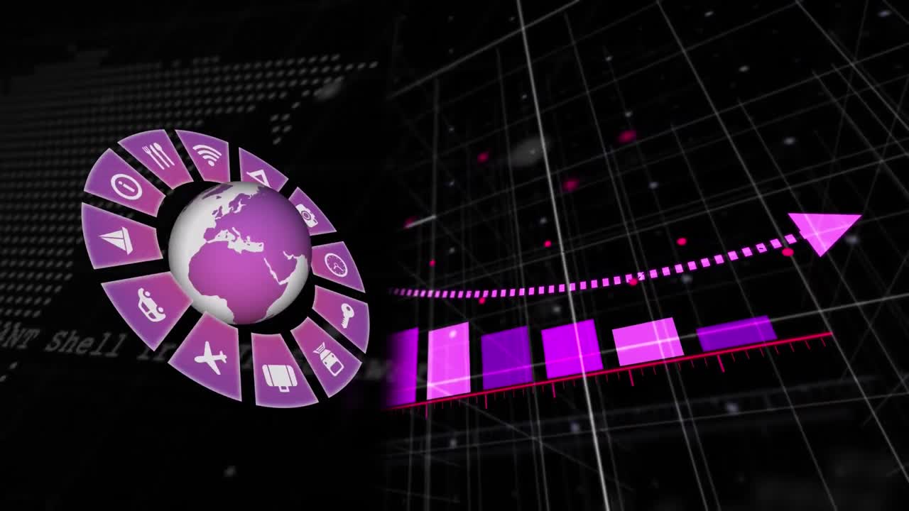 animación del globo con iconos y procesamiento de datos financieros sobre fondo negro