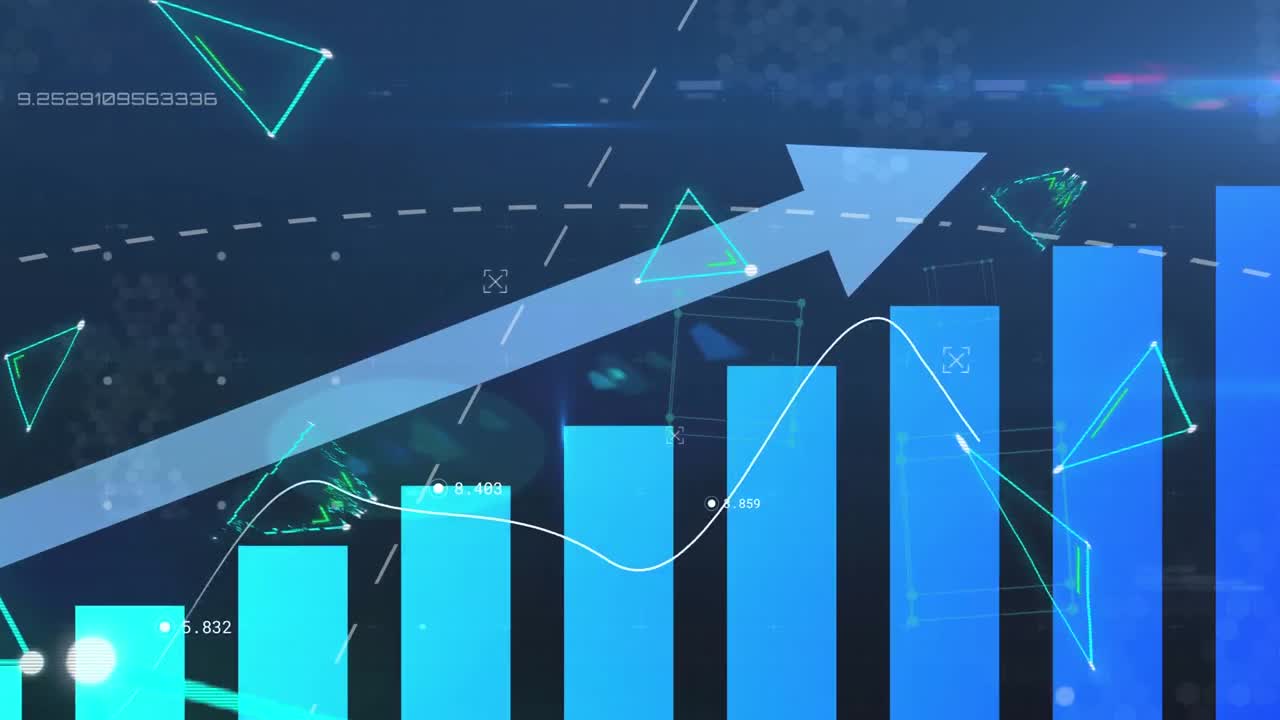 animación del procesamiento de datos financieros con flecha azul ascendiendo sobre triángulos verdes flotantes