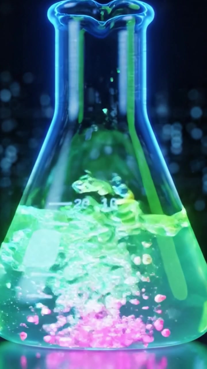 Uma Exibição Brilhante de Reação Química: Fluidos Coloridos Borbulhando em um Balão de Laboratório Iluminado por Néon, Exibindo as Maravilhas da Ciência e da Experimentação