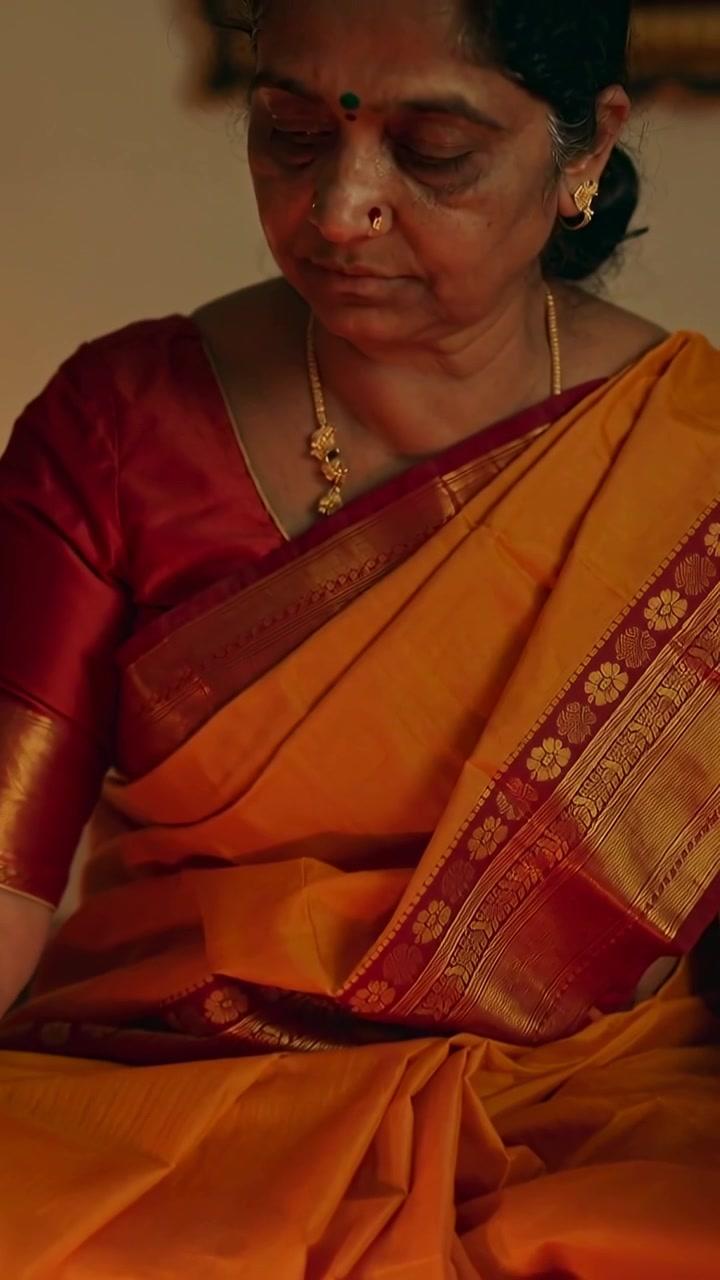Video verticale: Donna indiana anziana che sistema i diyas, liscia un sari color senape e prega a casa.