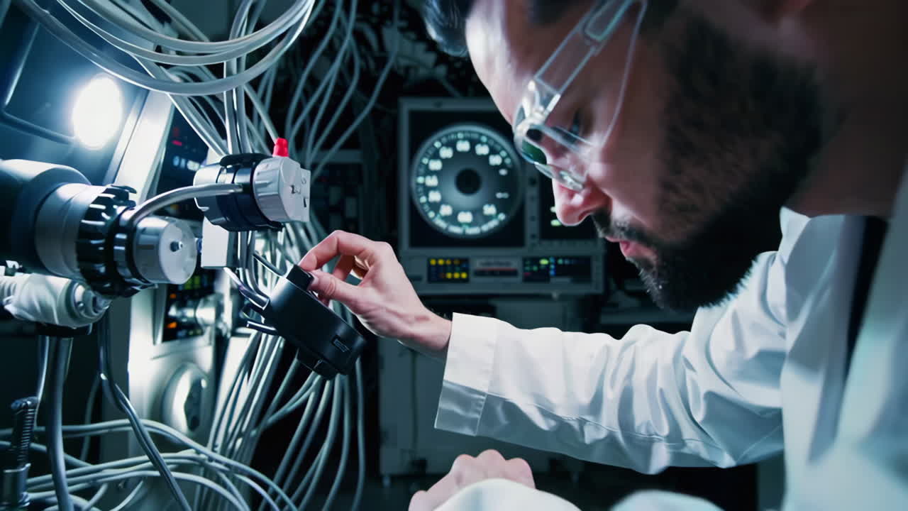 Scientist working on complex laboratory equipment