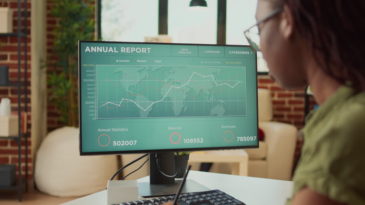 Young adult looking at annual sales report data on computer