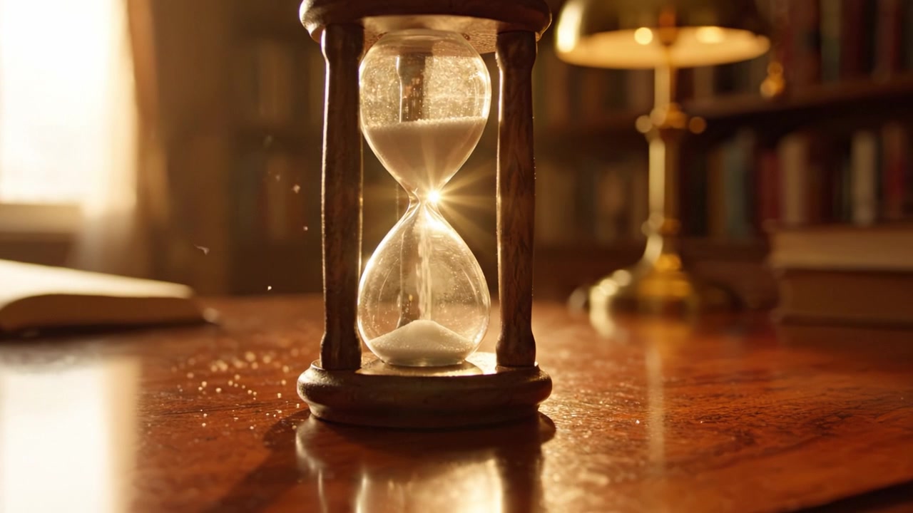 Um Close-up Cativante de uma Ampulheta Capturando o Fluxo do Tempo num Ambiente de Estudo com Iluminação Acolhedora, Cheio de Livros e uma Atmosfera Encantadora de Reflexão